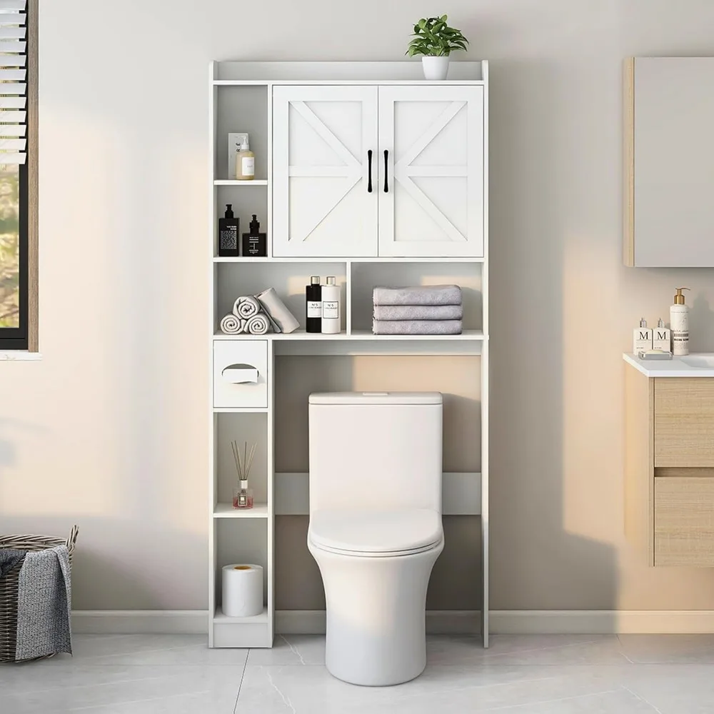 Over The Toilet Storage Cabinet, Farmhouse Storage Cabinet Over Toilet with 2 Barn Door & Toilet Paper Holder Stand，Home Space