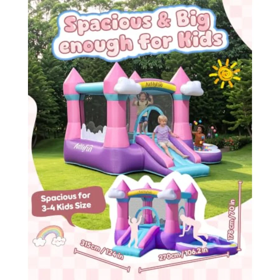 Pink inflatable bounce house for indoor/outdoor use, kids 3-8 years, with slide, blower, water pool and ball pit