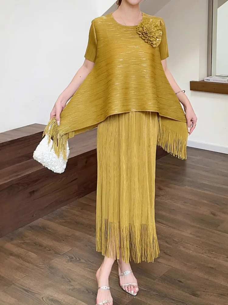 WHTREND-Conjuntos plisados para mujer, camisa holgada Irregular con flores y faldas largas con borlas, ropa de moda femenina, conjunto de 2 piezas