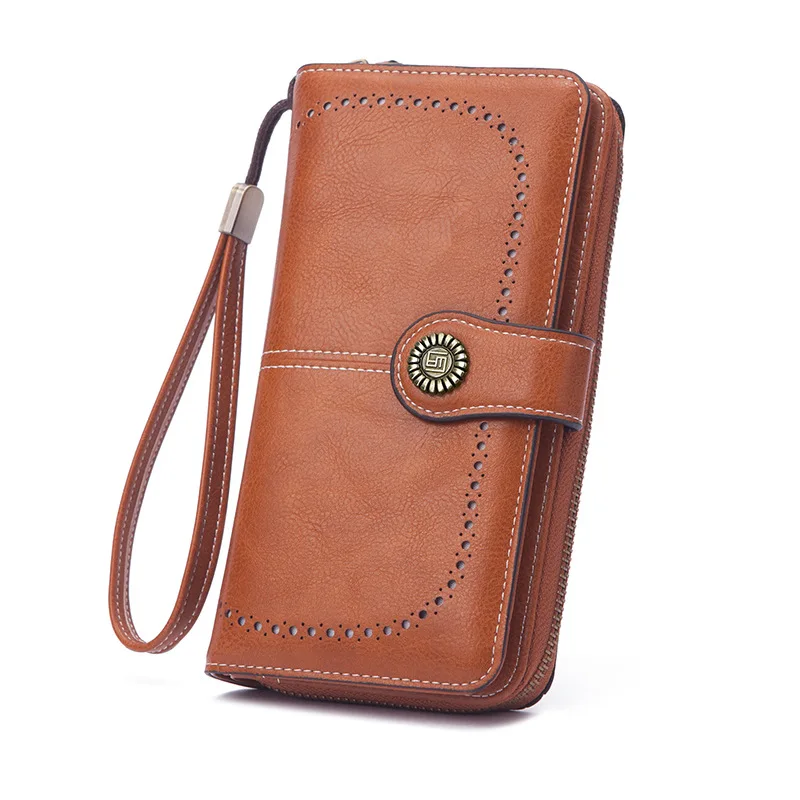 RFID anti-theft Retro Large Capacity Long Wallet Card Holder Women's Purse Multi-function Zipper Wallet with Wrist Strap