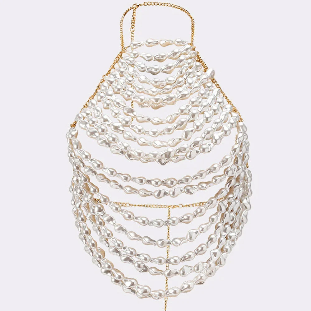 Summer Multilayer Pearl Chest Chain Vest Bikini Body Accessories Beach Corset Clubwear Sexy Bra Chain Top Women Party Jewelry
