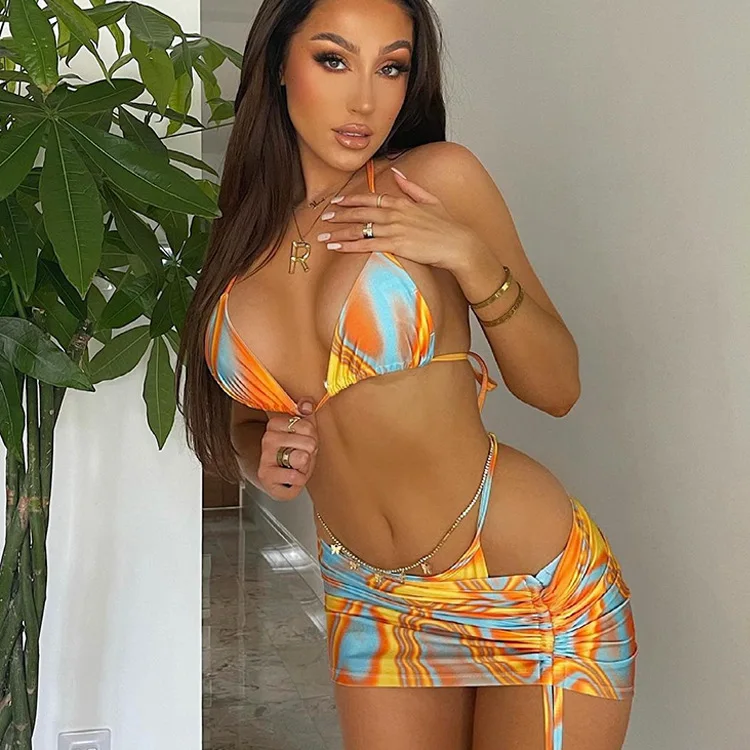 Yisman Color Corrugated Print Drawstring Three-piece Swimsuit Beach Bikini  Tankini Swimsuits Women Bathing Suit biquini trikini