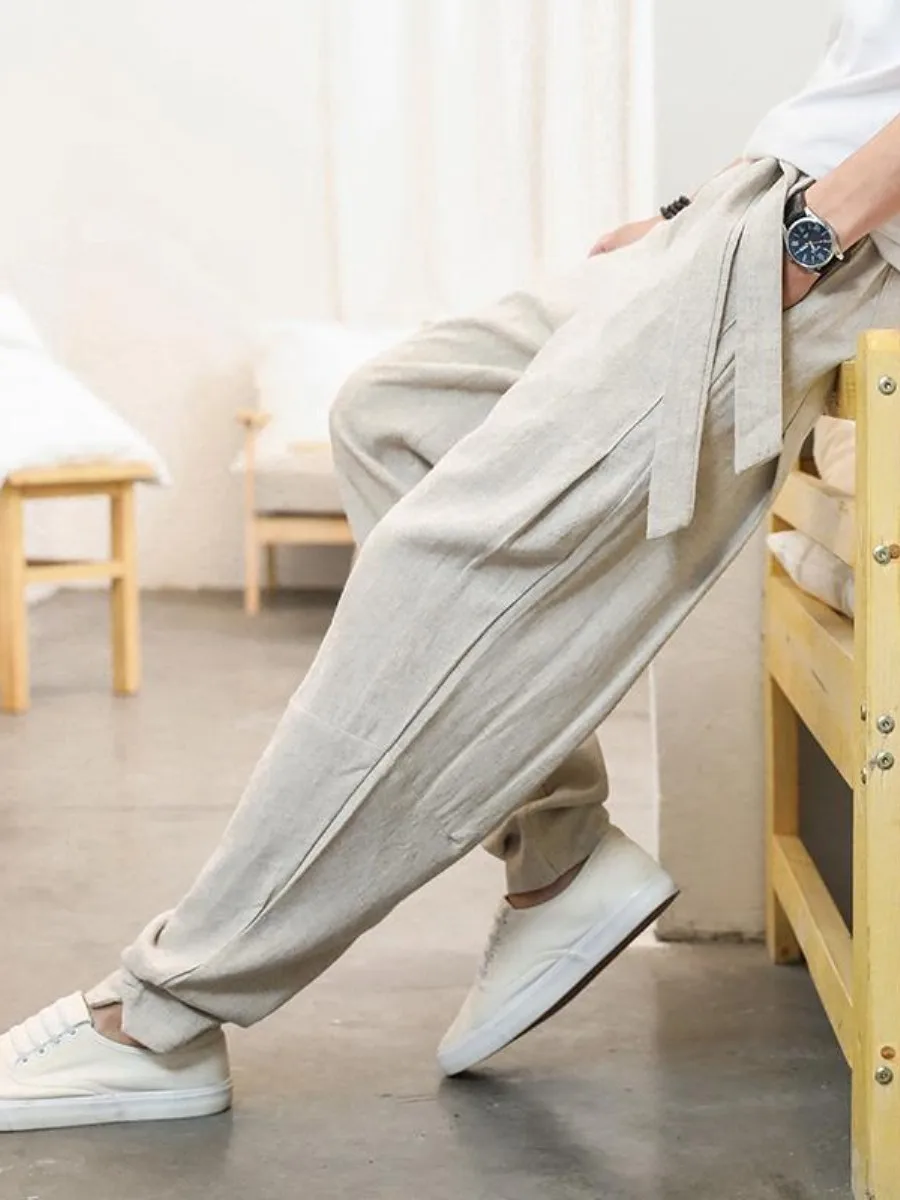 plus Size Men's Cotton Linen Casual Pants Slim Fit Summer Vintage Style Harlan Pants Natural Waist Zipper Closure Universal Fit