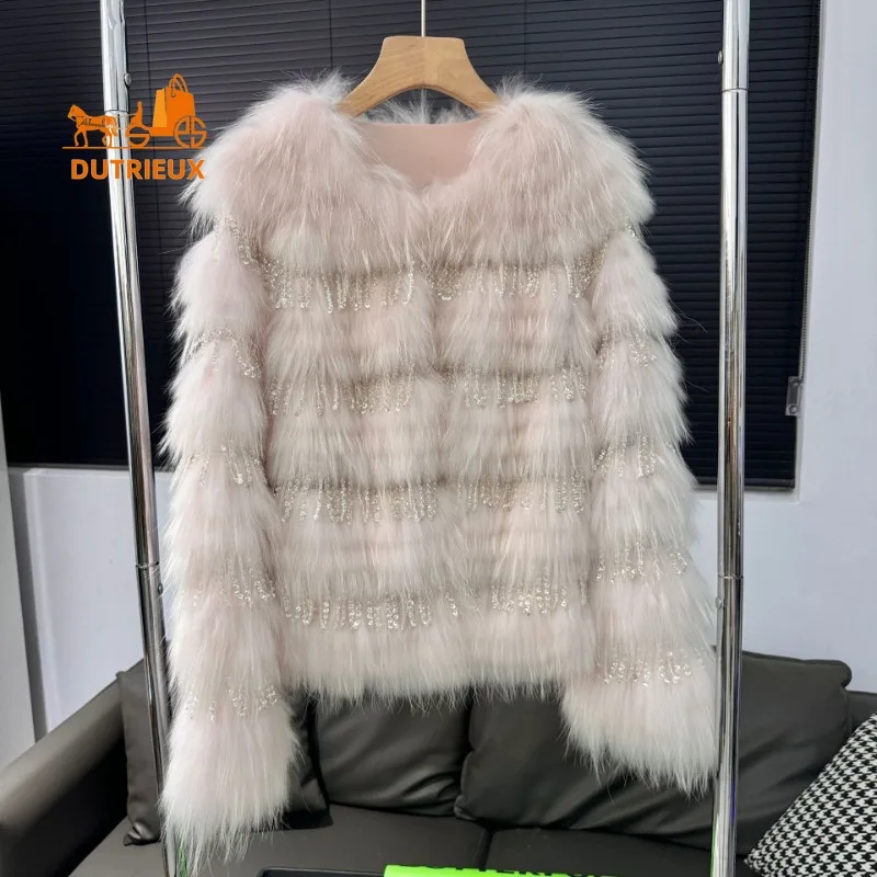 2025 New Temperamental Top-grade Genuine Leather Raccoon Fur Coat for Women, Warm 00% Raccoon Fur Coat for Vacation and Office