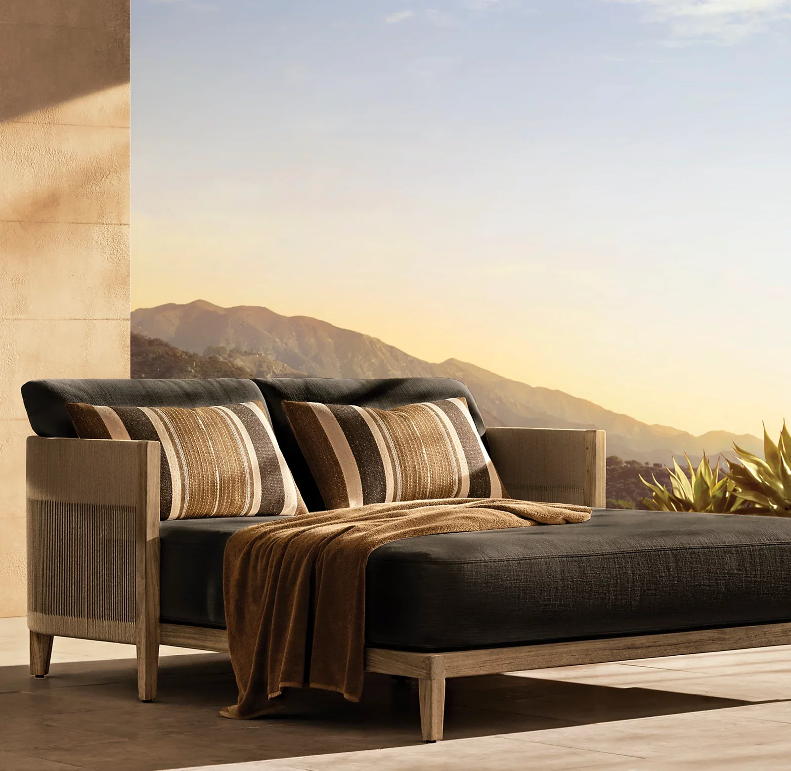 Minimalist Design Outdoor Leisure Double Daybed Comfortable Cushion Patio Furniture Teak Wood Chaise Lounge