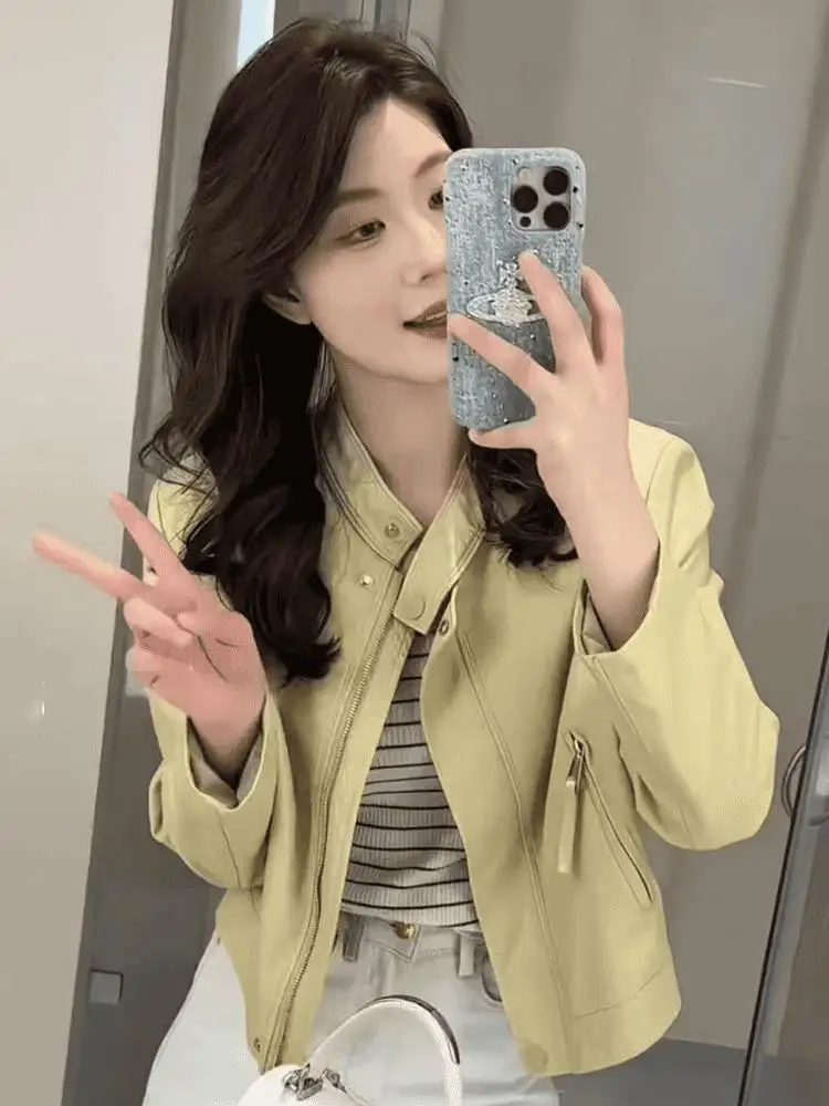 Sli ort Biker Jaet Women's Spring 2025 Faion Design Zipper Slim Fit Leather Coat Trendy Top Casual Outerwear