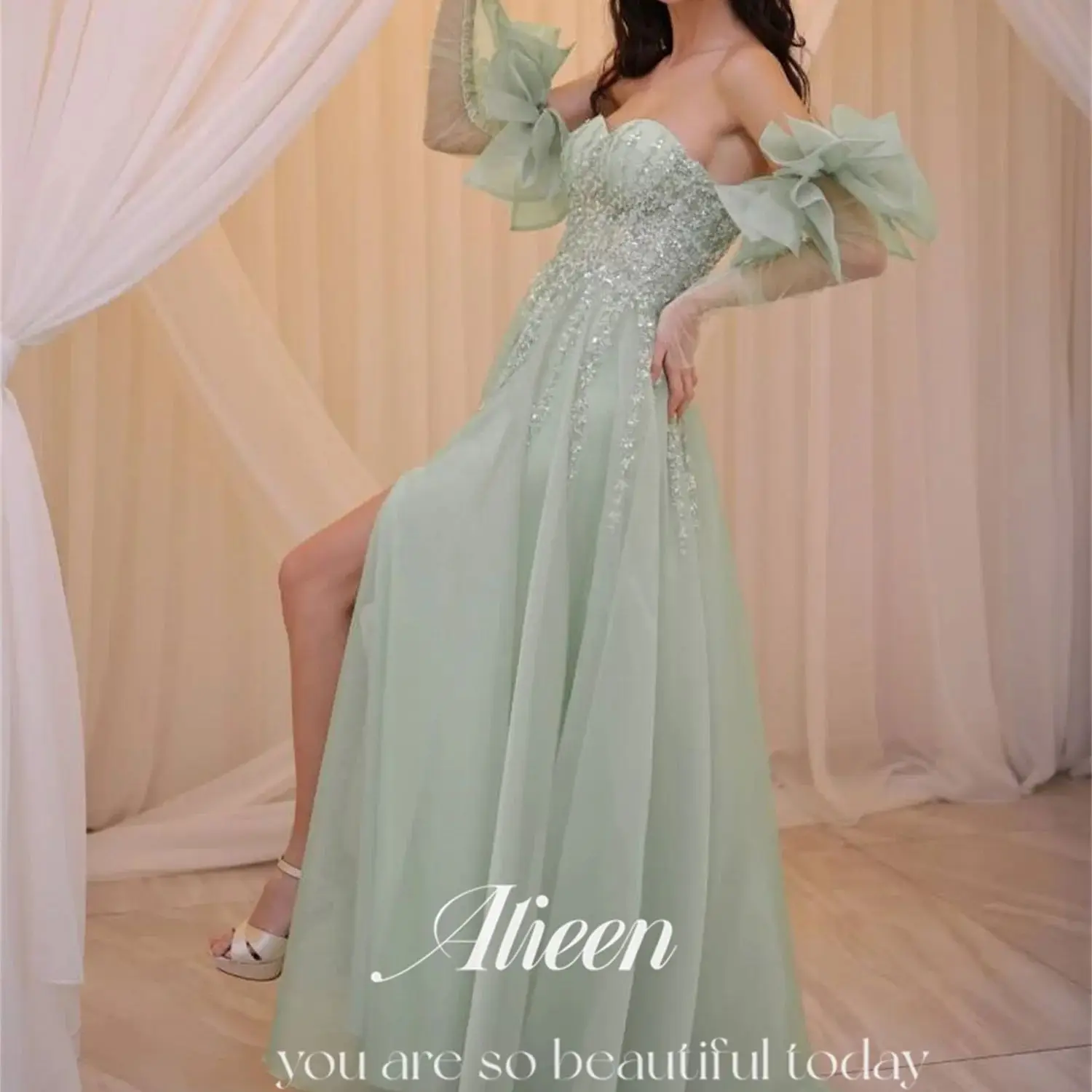 

Aileen Wedding Dress Shiny Green Customized Off the Shoulders Chubby Elegant Party Dresses for Women Luxury Evening Woman Gala