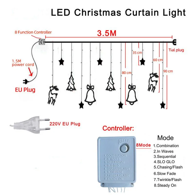 Guirnalda de luces LED con forma de ciervo para decoración del hogar, cortina creativa de 3,5 M con enchufe europeo para árbol de Navidad, fiesta y vacaciones