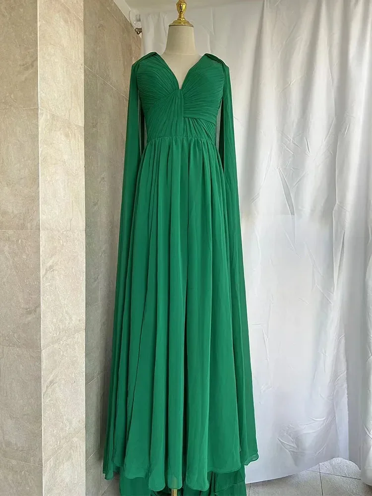 VKBN-Loose Green Maxi Dress for Women, High Waist, V-neck, Long Sleeve, Evening Dresses, Fashion, Spring, Autumn, New, 2024