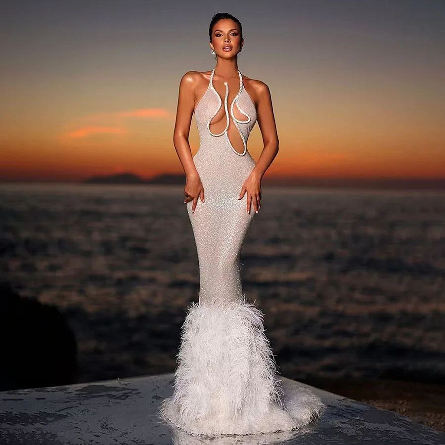 2025 V-neck Sexy Halter Evening Dress White Sequin Feathers Backless Prom Gown Mermaid Cocktail Dress Customize Vestidos De Gala