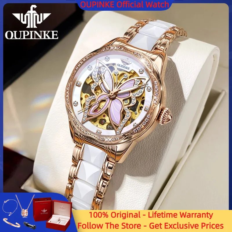 

OUPINKE 3239 Women Watch Luxury Brand Automatic Mechanical Watch Elegant Diamond Butterfly Dial Women Brand Ceramic Bracelet Set