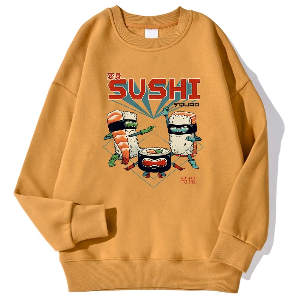 Japanese Cartoons Sushi Prints Male Pullovers Autumn Winter Fashion Hoodies Loose Crewneck Sweatshirts Warm Comfortable Clothing