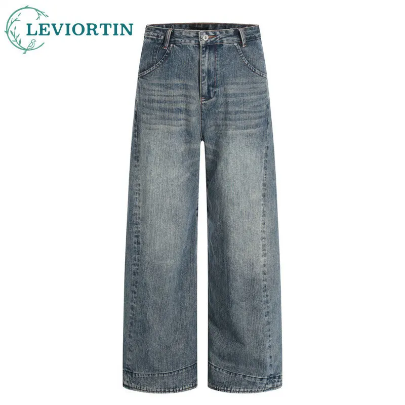 سراويل الأب الفضفاضة متعددة الاستخدامات للرجال أوروبية وأمريكية عالية الشارع فاسق ريترو مغسولة المتعثرة واسعة الساق مستقيمة الساق من قماش الدنيم