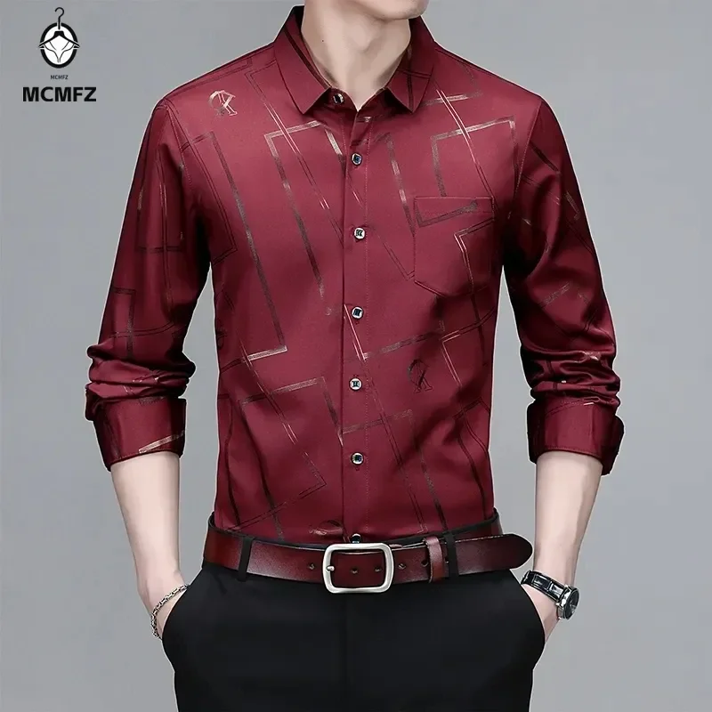 Męska swobodna i modna koszula z długim rękawem i nadrukiem, nie prasowana i odporna na zmarszczki top biznesowy