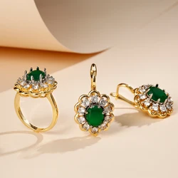 Green main stone inlaid earrings ring copper plated 14K gold fashion jewelry luxury festival gift set exquisite gift set