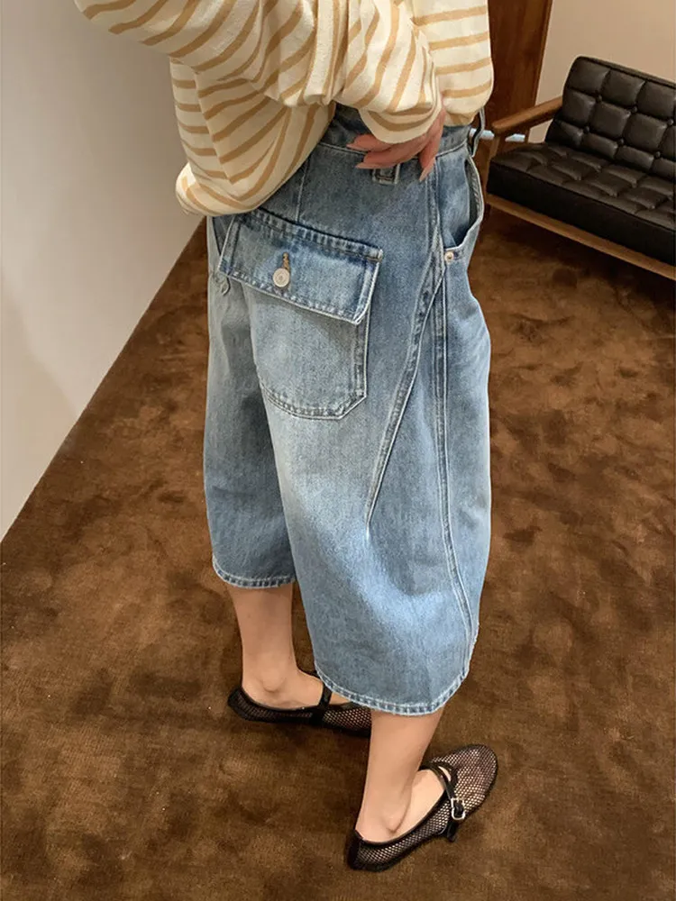 Retro American Denim Jeans Women's Workwear Shorts High Waist Wide Leg Summer Fashion plus Size Slimming Effect