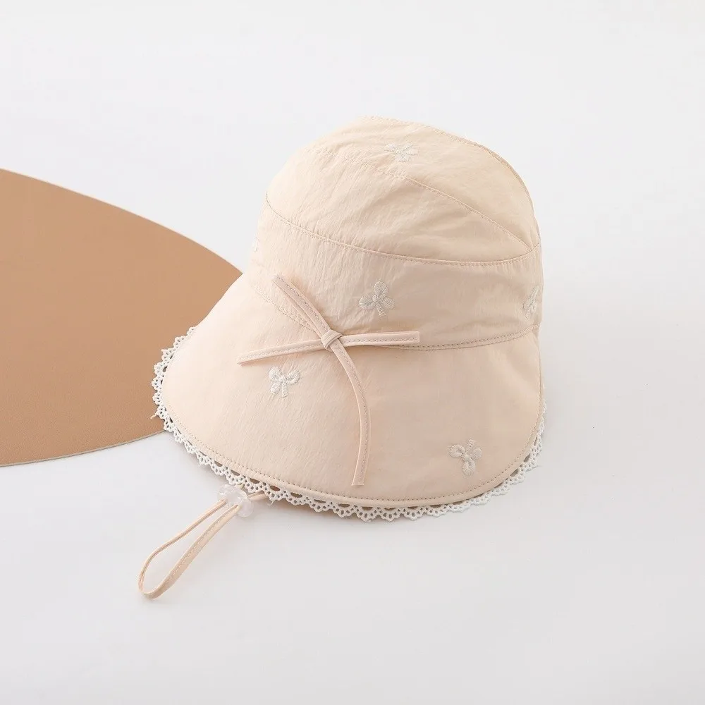 Korean Princess Lace Trim Empty Top Hat Bowknot Thin Fisherman Hat Cotton Foldable Sun Protection Hat 3-8 Years Old Girls
