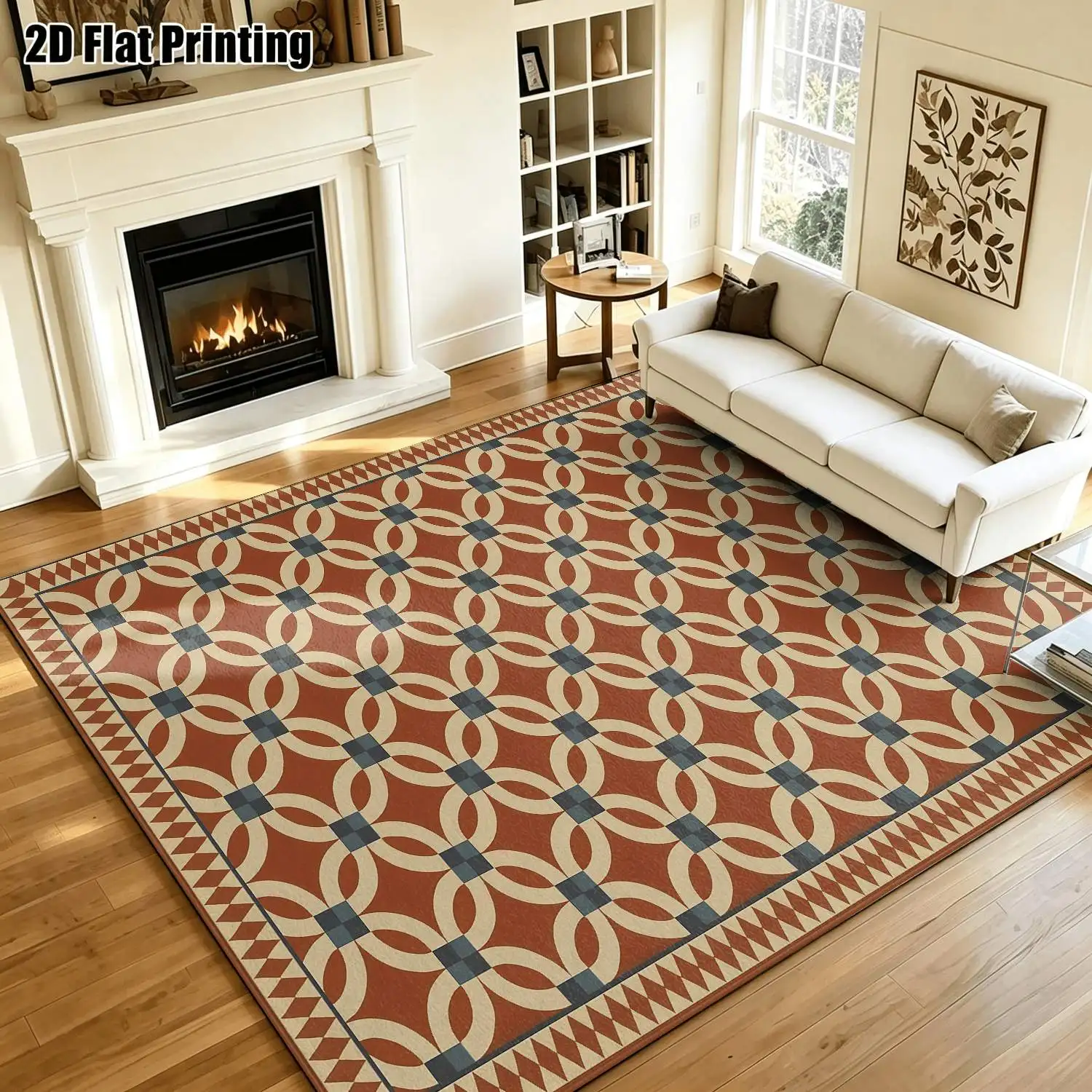 1Pc 2D Printed Retro Geometric Carpet: Red-Brown, Blue, Gray European/Minimalist/Instagram/Nordic Style, Machine Washable, Multi-Size, Suitable for Entrance, Dining Room, Foyer, Bedroom, Living Room Decor.