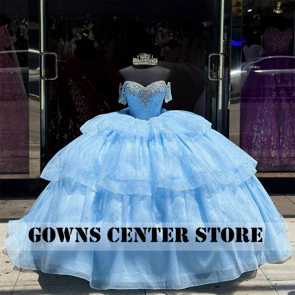 Ice Blue Ruffels Quinceanera Dresses Ball Gown Crystals Formal Prom Graduation Gowns Lace Up Sweet 16 Dress vestidos de 15 años