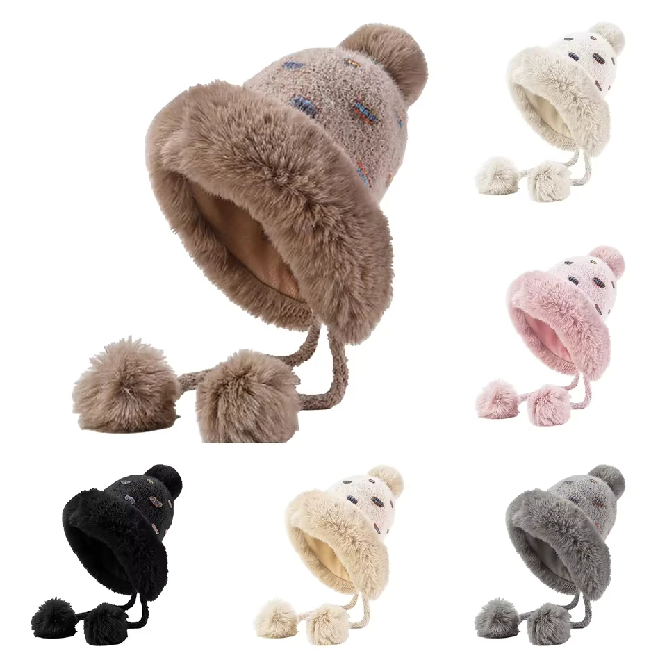 

Winter Pompom Hats For Women Knit Womens Faux Crochet Cap Warm Bucket Outdoor Ear Cover Pile Cap Hat