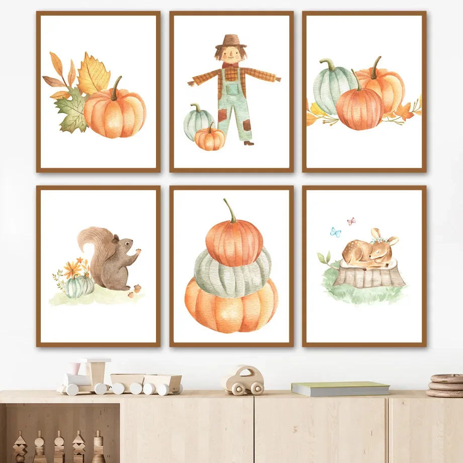 

Cartoon Halloween Pumpkin Scarecrow Fox Deer Squirrel Wall Art Print Canvas Painting Nordic Poster Wall Pictures Baby Kids Room