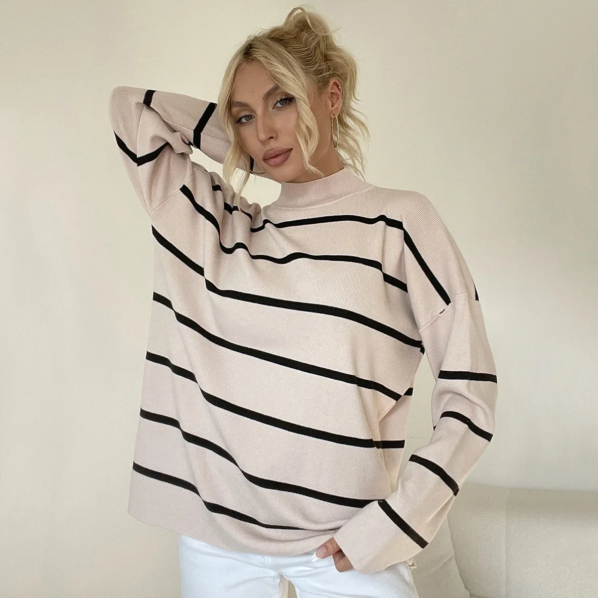 

Women Sweaters Long Sleeve Half High Collar Knitting Pullovers Patchwork Jumpers High Street Loose Fit Autumn 2023 Striped