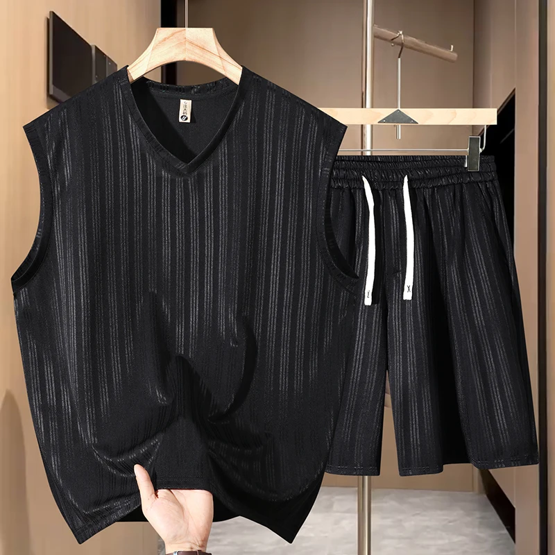 

Мужской комплект из ледяного шелка большого размера: дышащая быстросохнущая спортивная футболка и майка для лета, повседневная спортивная одежда