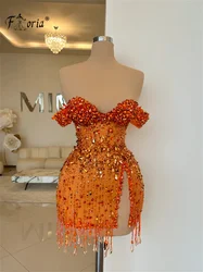 Orange Beaded Crystal Short Cocktail Dress Tassels Heavy Stones Mini Special Occasion Party Dress vestidos de gala Homecoming