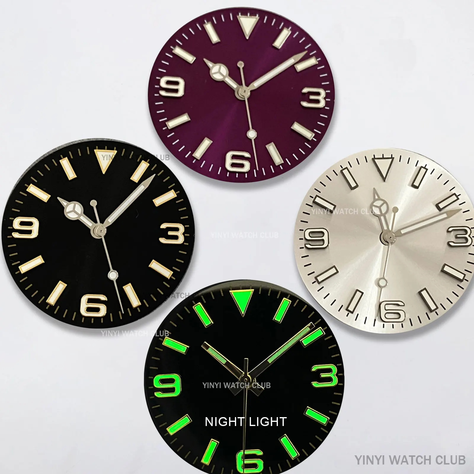 

28.5mm dial Sliver Black Red with green night light Sun pattern Watch face+Watch hands for NH35/NH36/4R36/7S Movement