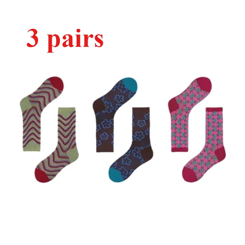 

3 Pairs Women's Vintage Geometric Socks Striped Mid Tube Socks Double Needle Double Path Fashion Design Cotton Socks