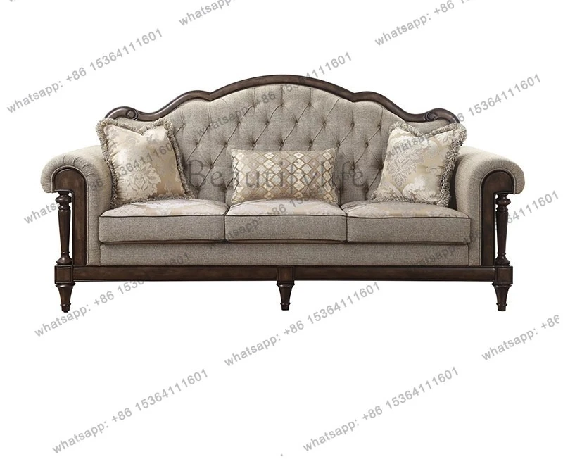 

American retro solid wood sofa fabric jacquard three-person combination French large flat sofa