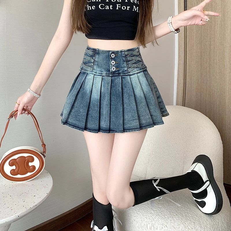 

Denim Skirts Women Fashion Y2k Hotsweet Belt Blue Fashion Design Streetwear Holiday Teenagers Folds Ins Summer Chic Faldas Mini