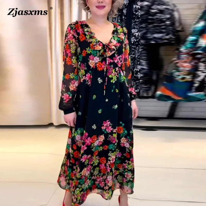 

New Spring Autumn Female Long Sleeved A Line Dress Lady Loose Party Dress Sexy Women Clothes V Neck Floral Printed Evening Dress