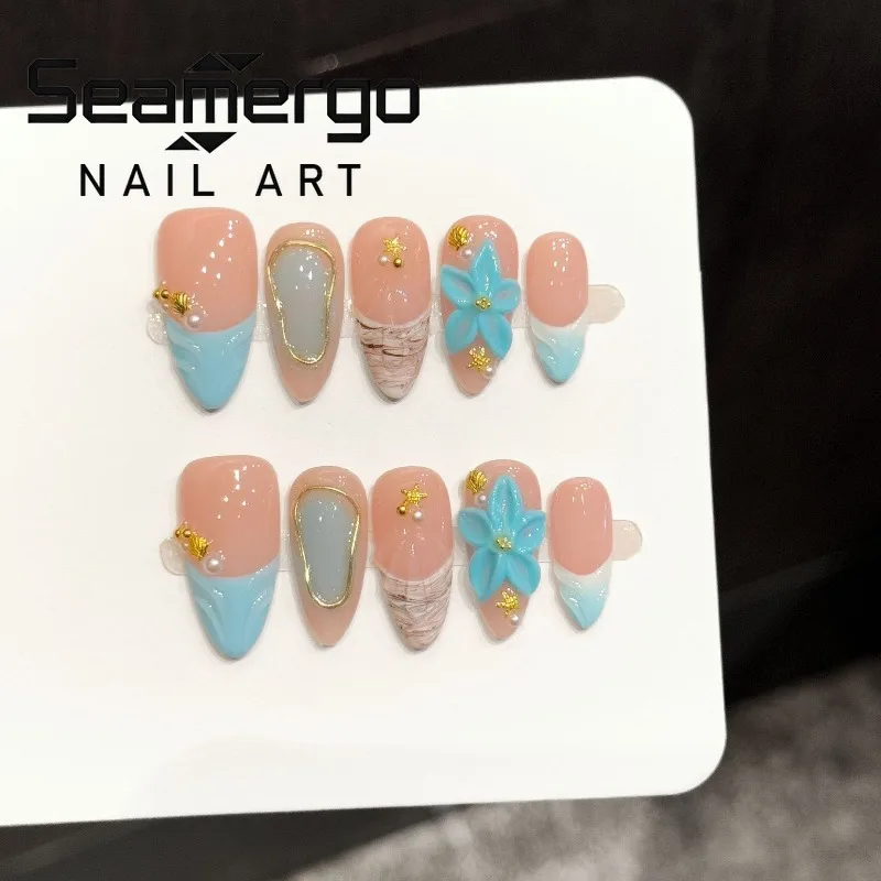 

10PCS Summer Handmade Medium Almond Press on Nails Blue 3D Carved Flowers Shell French Fake Nails for Women Golden Seastar Nails