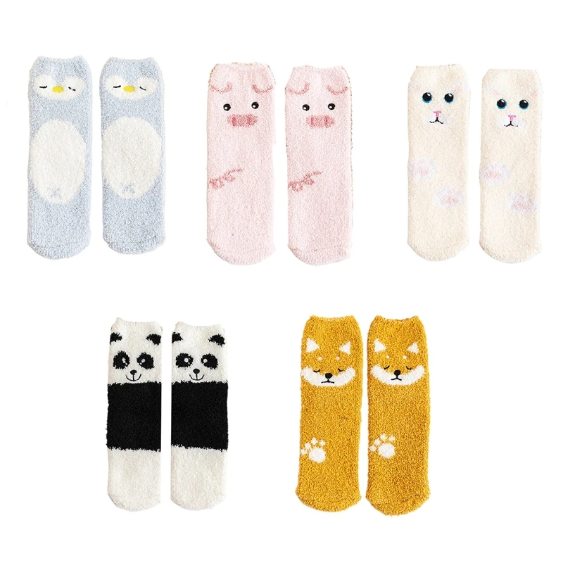 Women Cartoon Animal Winter Fuzzy Slipper Socks Panda Dog for Cat Pig Penguin Pattern Thick Coral Warm Floor
