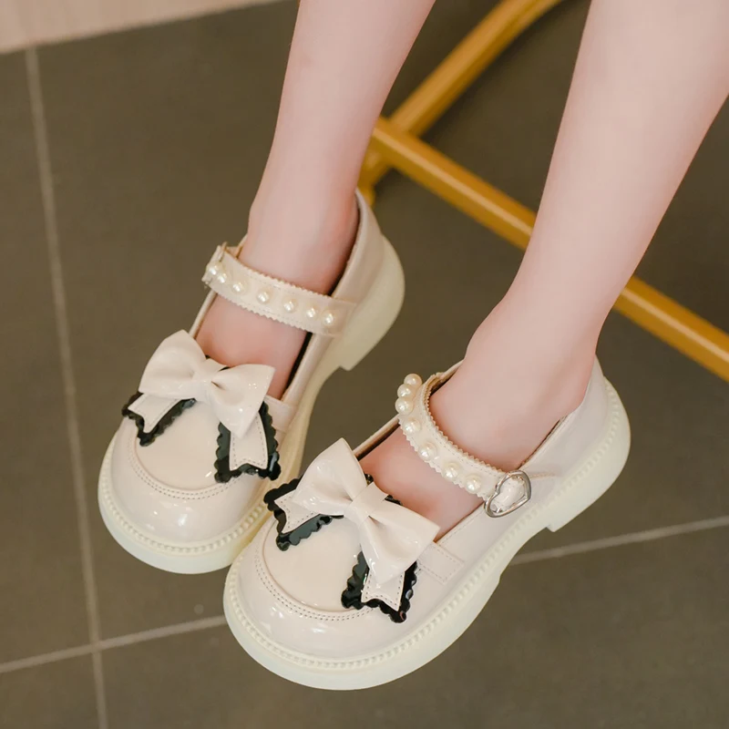 

Sweet Princess Lolita Style Versatile Casual Lace Bow Children Fashion Casual Leather Shoes for Wedding Pure Color Love Buckle