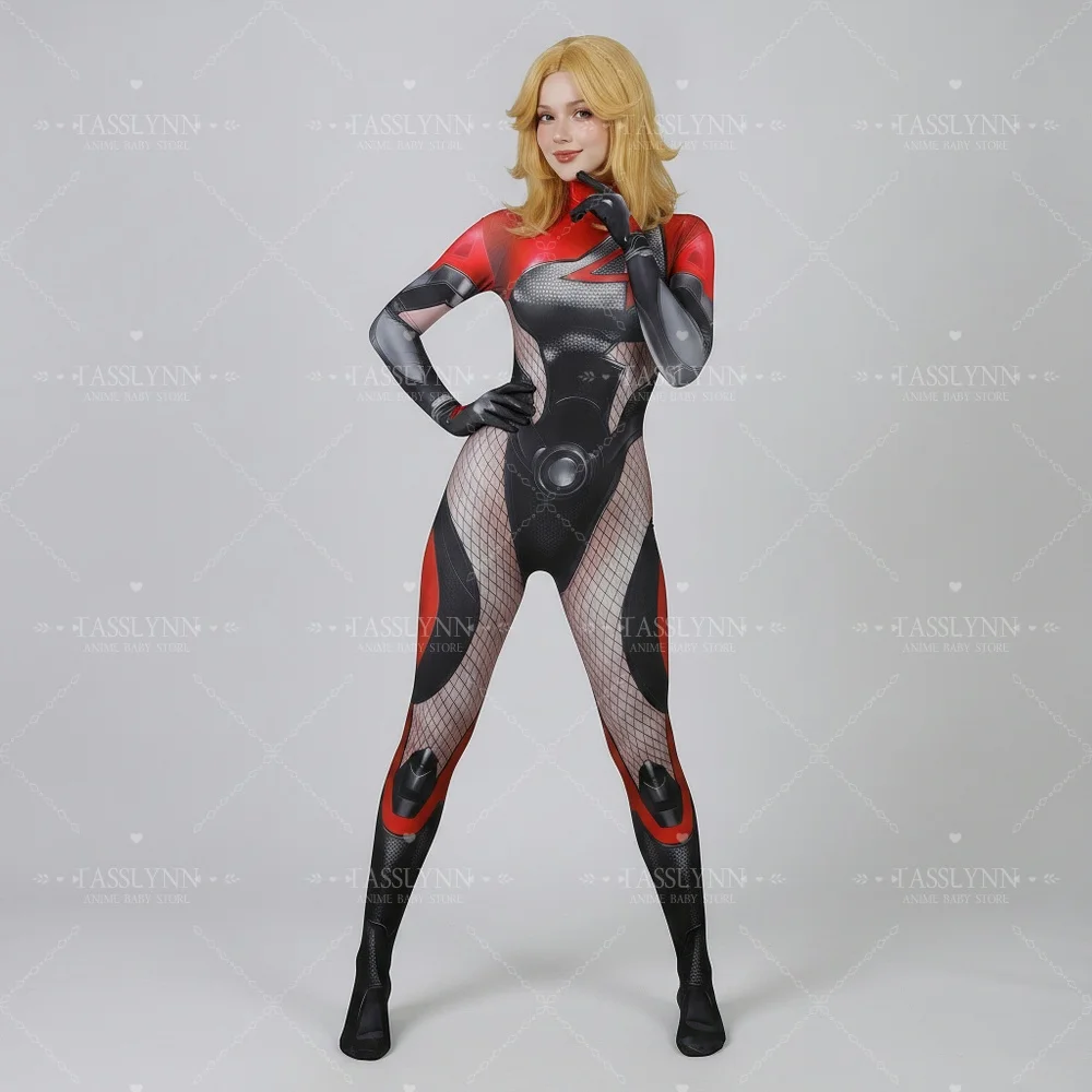 Rivals Invisible Woman Cosplay Zentai Bodysuit Red Black Mesh Armor Print Jumpsuit, Women Superhero Costume for Halloween view 6