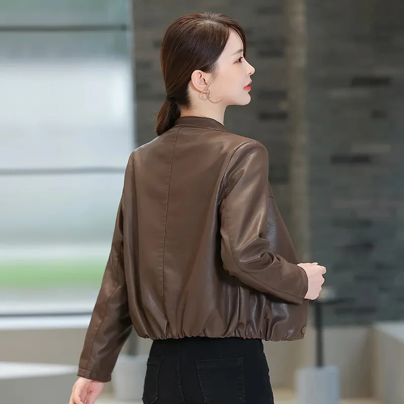 Veste décontractée en cuir PU pour femme, ample et slim, courte, style coréen, vêtement d'extérieur, noir, printemps et automne 2023