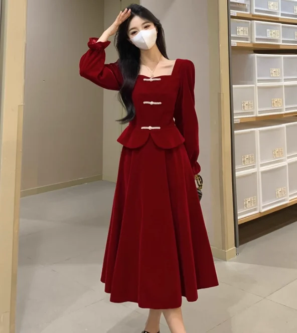 Herbst Winter Große Größe Chinesische Square Neck Langarm Kleid Hohe Taille A-linie Vielseitig Alter-reduzierung Gefälschte Zwei-stück Kleider
