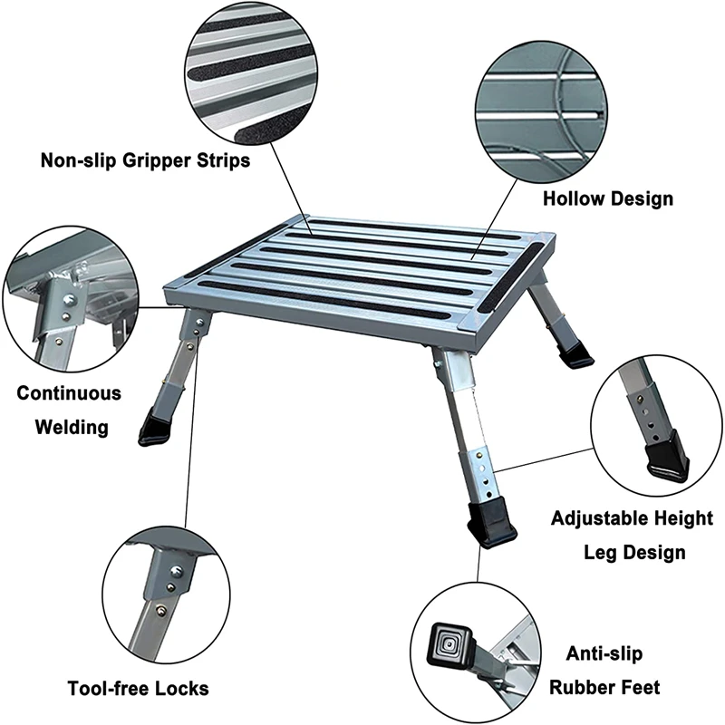 Stable RV Steps Adjustable Aluminum Folding Platform Step with Non-Slip Rubber Feet Step Stool One Step Ladder, Rubber Feet