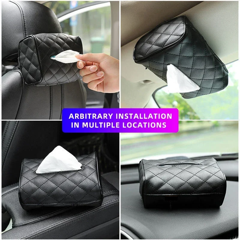 Solid Color Checkered Leather Wear-Resistant Tissue Box Car Seat Back Sunshade Hanging Tissue-Bag Buckle Strap Easy Installation