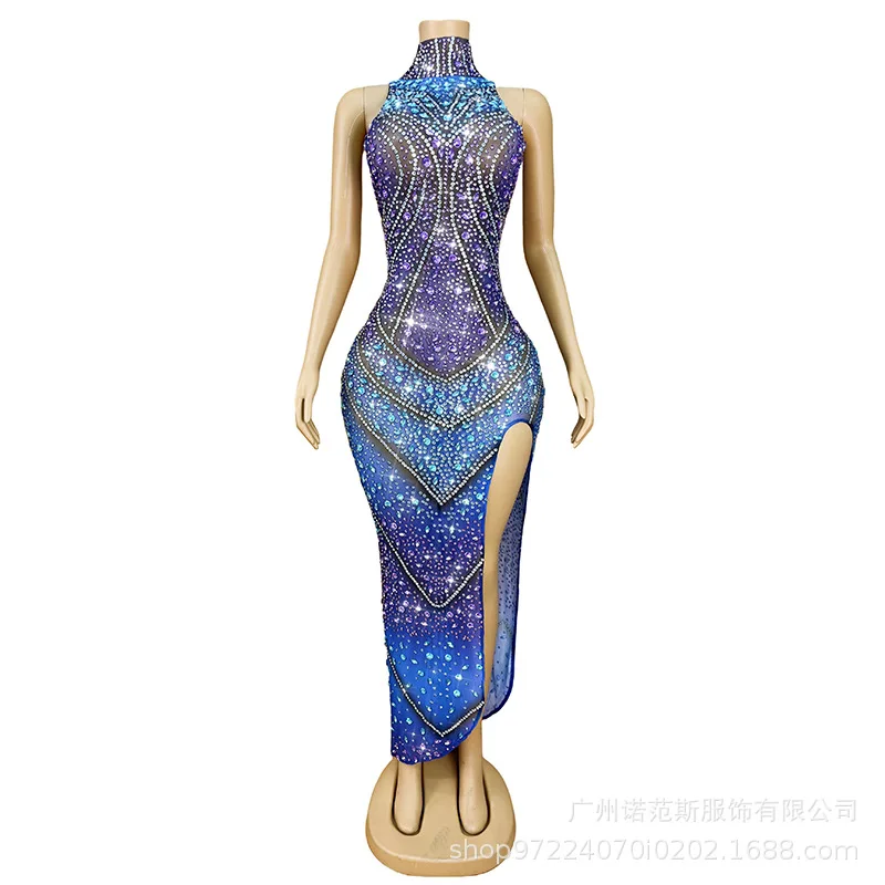 

Fashion Contrast Sexy High Split Dress Banquet Women's Premium Dress Model Catwalk Trendy Vestidos Largos Elegantes Fiesta Mujer