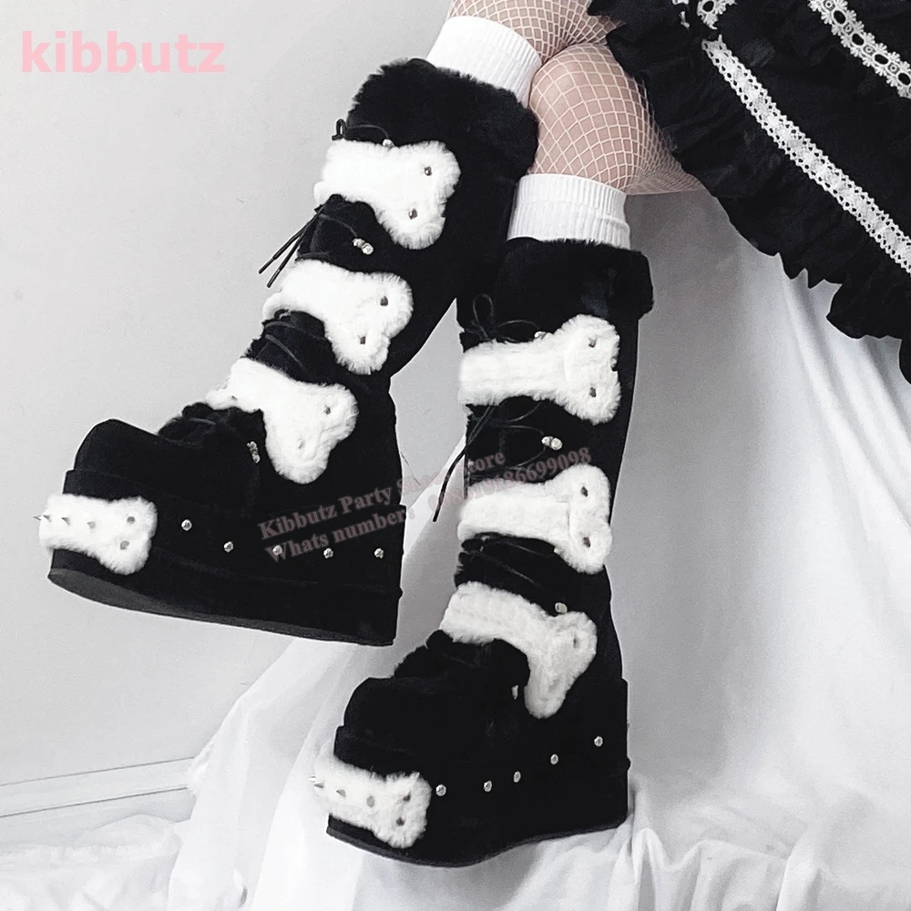 Furry Rivet Thick Bottom Boots Knee High Platform Square Toe Mixed Color Slip-On Fashion Elegant Concise Sexy Warm Winter Shoes