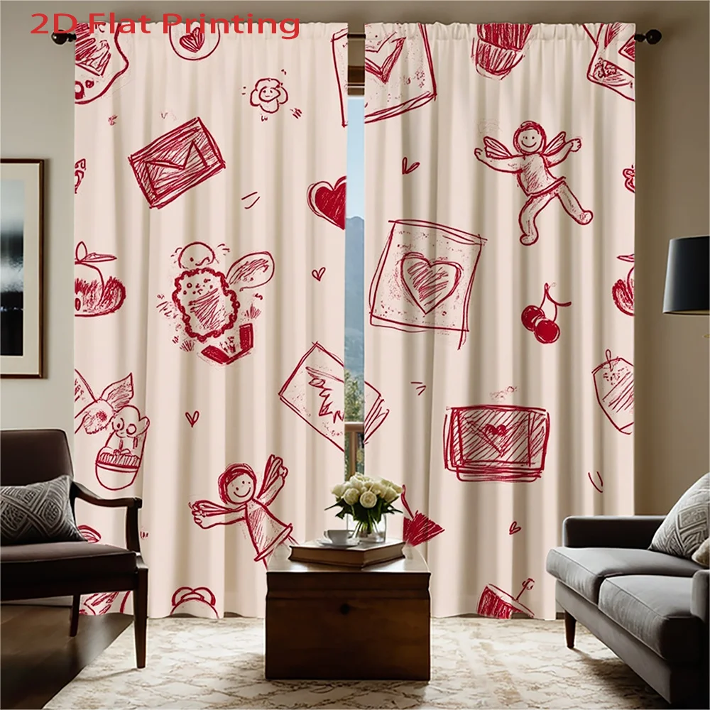2pcs Red Sketch Pattern Cute Cupid Envelope Curtains - 2D Flat Printing, Semi-Transparent Flannel Fabric, Rod Pocket Design for