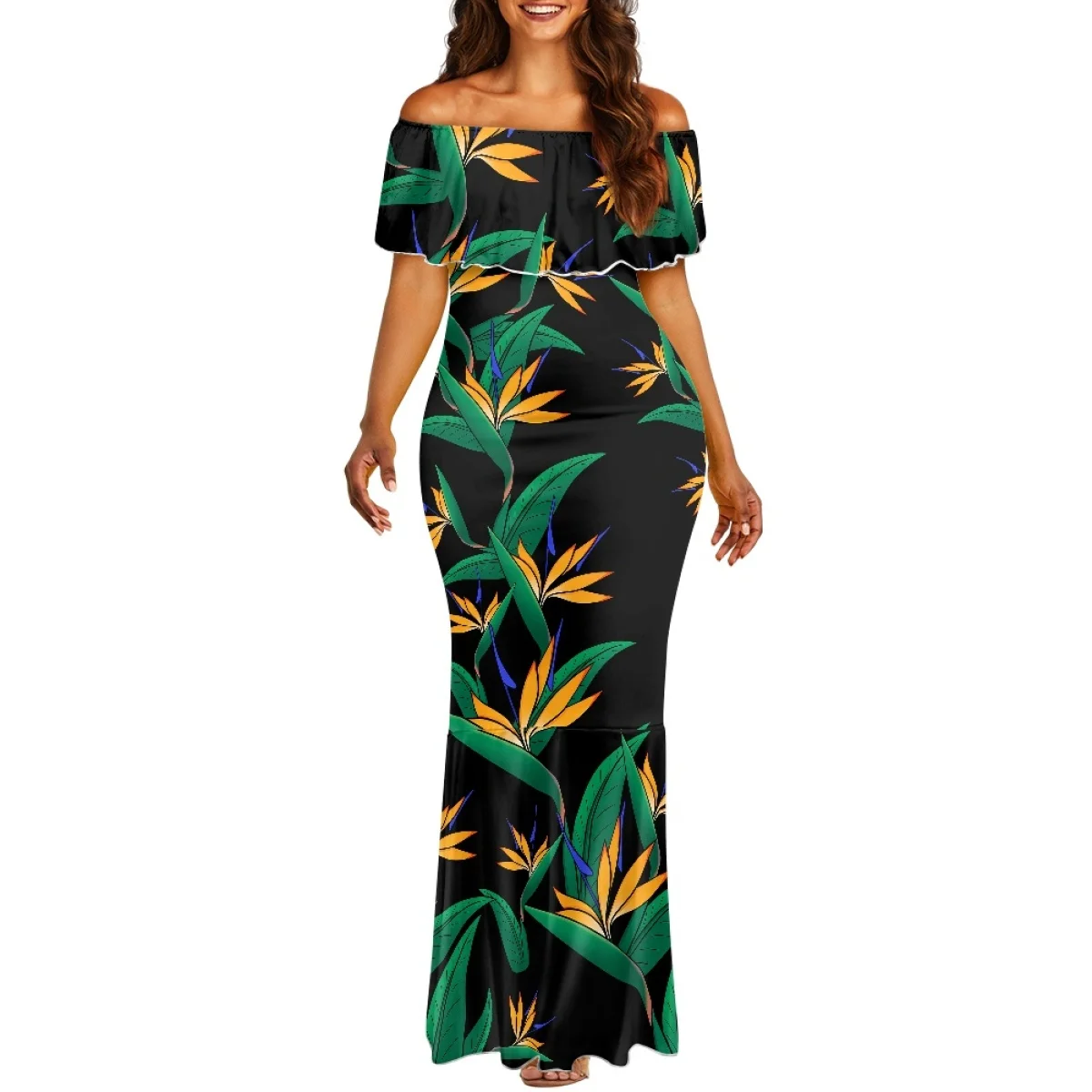 ชุดเดรสออกงานลายดอกชบาแบบโพลินีเซียน ทรงเมอร์เมดเปิดไหล่  แบบเข้ารูปสั่งตัดได้  สีน้ำเงิน  สำหรับงานเลี้ยงค็อกเทล