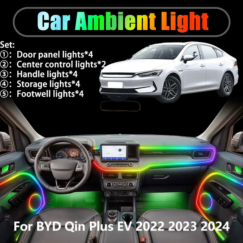 

Для BYD Qin Plus EV 2022 2023 2024 2/18 в 1, автомобильное окружающее освещение, светодиодные внутренние светодиодные фонари багажника, USB RGB Ensemble Streamer Auto