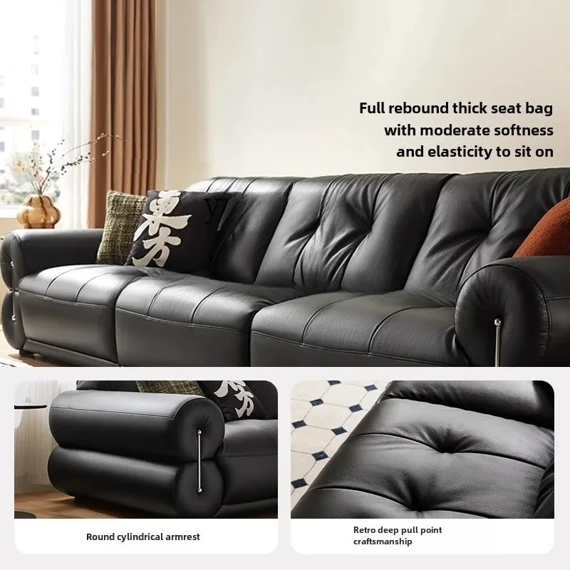

P7/6 new black leather sofa living room antique straight row furniture forest