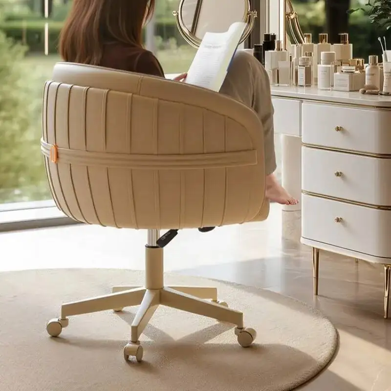 Nordic Style Leather Office Chair，Adjustable Swivel Vanity Chair with Wheels Ergonomic Computer Chair for Bedroom Study