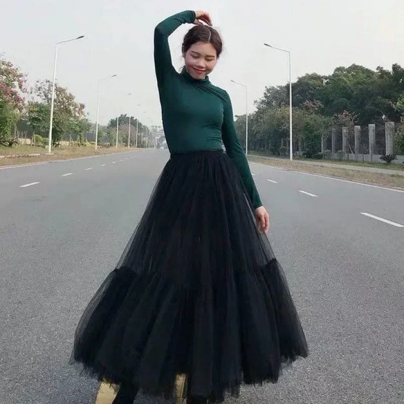 35 to 65kg Pink Black Teens Student Tulle Skirt Women Mesh 3 Layers Princess Tutu Skirts Sweet Bridesmaid Elastic Long Skirt