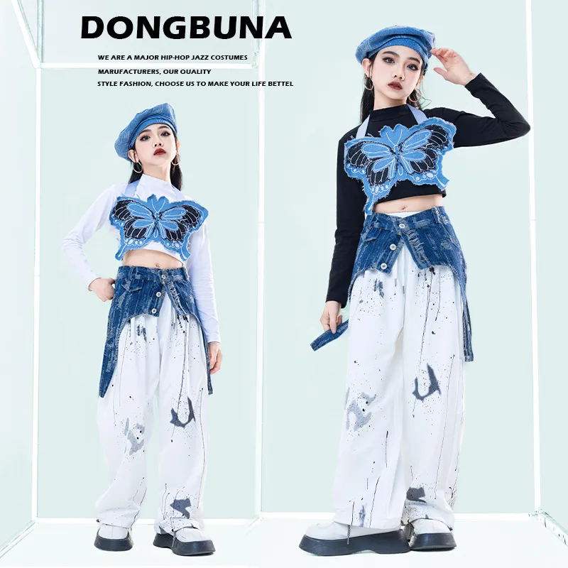 

Kid Hip Hop Clothing Denim Blue Butterfly Crop Tank Top T Shirt White Casual Ink Print Pants for Girl Jazz Dance Costume Clothes